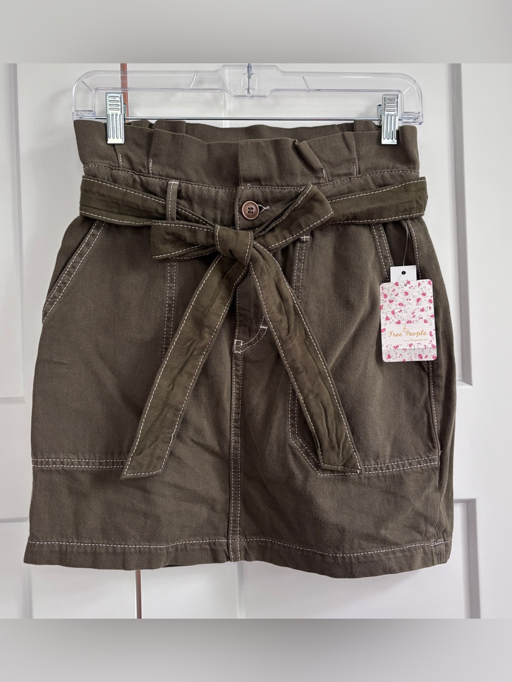 Free People Olive Green Belted Paperbag Mini Skirt